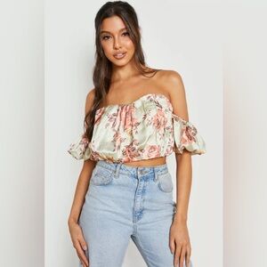 Boohoo Floral Satin Volume Sleeve Crop Top New